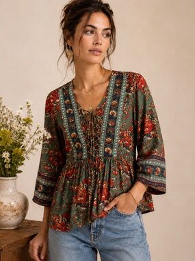 Floral Boho Babydoll Top XL 100% Cotton Lace Up Style Peasant Blouse